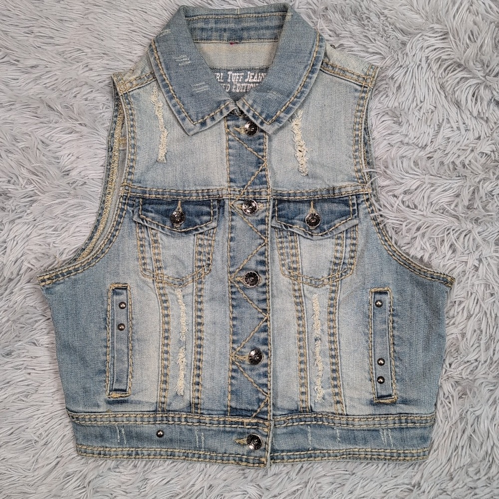 Cowgirl Tuff Vest Womens S Blue Denim Rodeo Pockets Button Up Barn Flag
